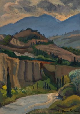 Derveni, Xeropotamos, Mountains — Oil painting, Fiberboard, 36.00×51.00cm — Theodoros Markellos